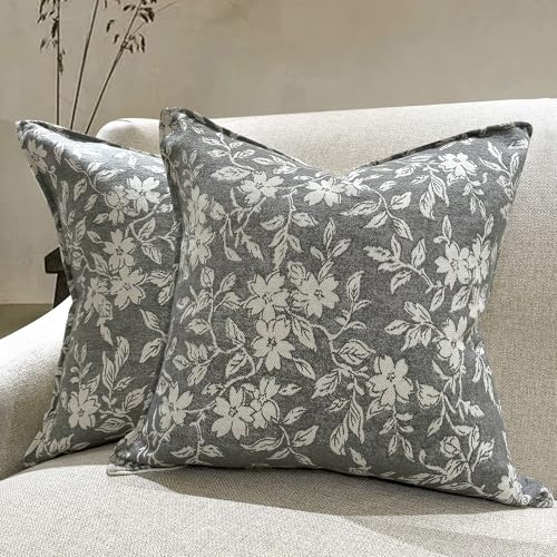 Gray Floral Pillow Covers 20x20 Pack of 2 Vintage Farmhouse Jacquard Decorative Throw Pillow Covers for Living Room Couch Bed Home Decor (2 Count)