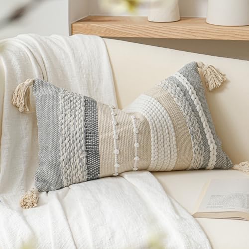 Decorative Lumbar Throw Pillow Cover 12x20 Boho Gray Accent Cushion for Couch Sofa Farmhouse Pillowcase for Bedroom Living Room Home Décor Cover ONLY