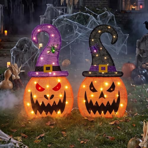 28" H Halloween 2D Lighted Pumpkin Yard Outdoor Decor Set of 2 (Pumpkin Set of 2)