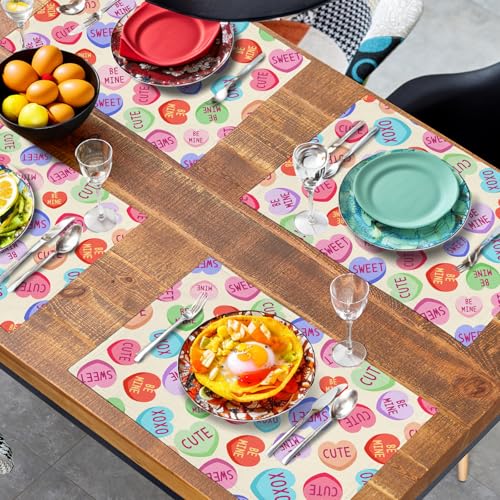 Valentine Pink Love Heart Candy Placemats Set of 4 Valentines Seasonal Table Mats Resistant Washable Dinner Mats for Outdoor Home Party Kitchen Dining 12x18 Inch (4 Count)
