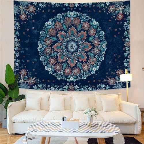 Boho Floral Mandala Tapestry Wall Hanging Blue Bohemian Flower Medallion Tapestry Aesthetic Vintage Navy Hippie Indian Small Tapestries for Bedroom Living Room Dorm Decor 40 x 30 Inch