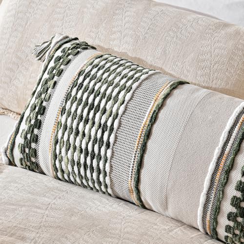 Chenille Striped Textured Boho Throw Pillow Covers Aesthetic with Tassels Woven Decorative Pillow Case for Couch Bed Sofa Bedroom Modern Funky 14 x 36