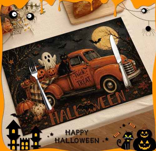 Halloween Placemats Set of 4 Vintage Truck Pumpkin Linen Table Mats 18x12 (4 Count)