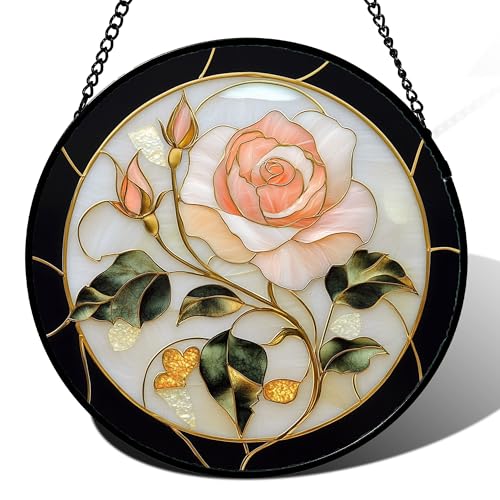 Pink Rose Stained Glass Window Hanging Suncatcher Gifts for Women 7.8"