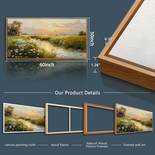 Wood Framed Canvas Wall Art For Living Room Large Wall Decor For Office Bedroom Decorations Pastoral Scenery Picture Water edge Painting Artwork Ready To Hang Home Decor 30x60 In