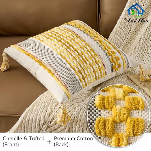 Set of 2 Chenille Striped Textured Boho Throw Pillow Covers Aesthetic with Tassels Woven Decorative Pillow Case for Couch Bed Sofa Bedroom Modern Funky 18 x 18 (2 Count)