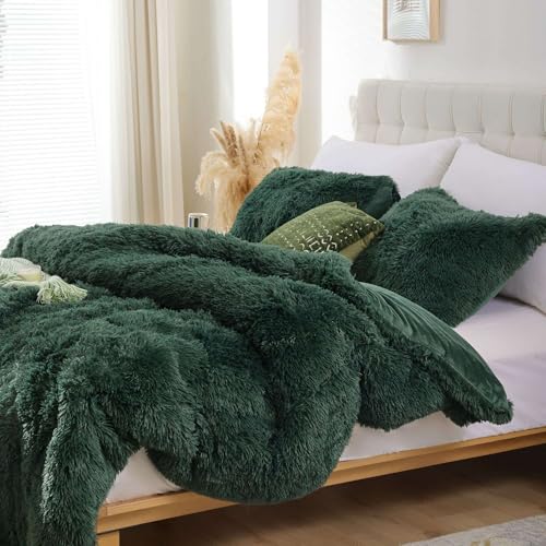 Fluffy King Size Comforter Set Dark Green Faux Fur Comforter 3 Pcs