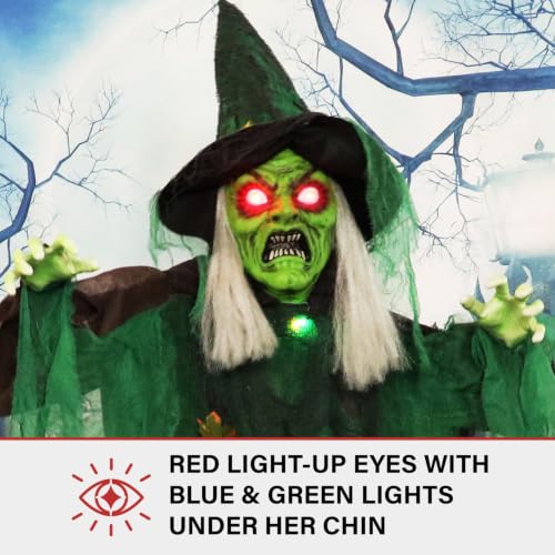 Talking Forest Witch Halloween Animatronic with Movement and Lights for Battery Operated Scary Indoor or Covered Outdoor Halloween Decorations (6FT Standing Witch)