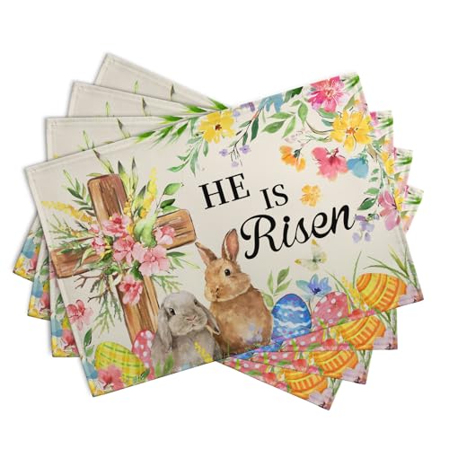 He is Risen Easter Placemats Set of 4 12x18 Inch Bunny Floral Cross Table Mats Spring Rabbit Flowers Eggs Place Mat for Dining Table Party Kitchen Decoration (4 Count)