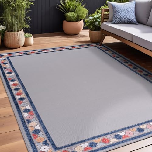 Outdoor Rug 10x14 Modern Bordered Large Area Rugs for Indoor and Outdoor Patio Easy to Clean Non Shedding Living Room Porch Garden Washable Outside Carpet