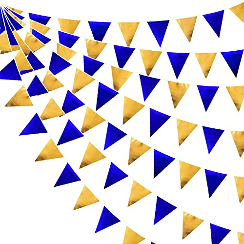 Royal Blue Gold Party Decoration Navy Blue Gold Triangle Pennant Banner Flag Metallic Fabric Bunting Garland for Graduation Birthday Wedding Retirement Bridal Shower Nautical Ahoy Achor Party Supplies (36 Count)
