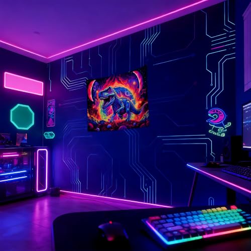Blacklight Dinosaur Tapestry Wall Hanging Black Light Tapestries Uv Glow in the Dark Dino Poster for Teen Boys Room Bedroom 29x37in