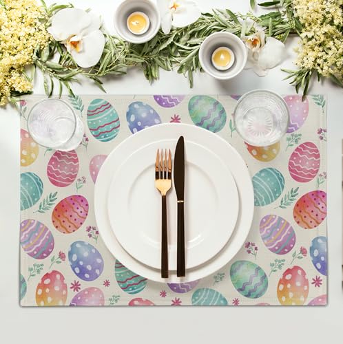 Easter Placemats Set of 4 Watercolor Colorful Eggs Floral Table Mats 12x18 Inch Spring Washable Heat Resistant Linen Fabric Place Mat for Indoor Outdoor Kitchen Dining Home (4 Count)