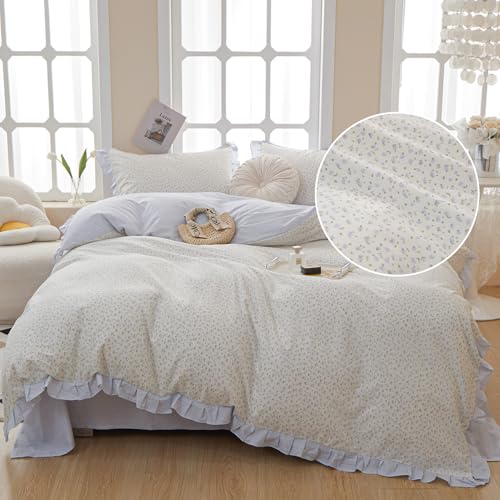 Twin XL Comforter Set Blue Floral Bedding Comforter Fluffy Soft Microfiber Cottagecore Bedding Set Floral Ruffle Comforter with 2 Pillowcases Cute Flower Botanical Comforter Set for Teen Girls (3 Piece Set)