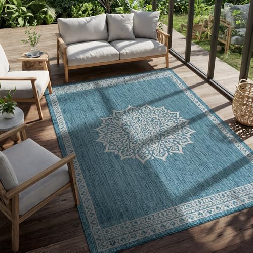 Outdoor Rug 6x9 Medallion Aqua Modern Area Rugs for Indoor and Outdoor Patios Kitchen and Hallway Mats Washable Porch Deck Outside Carpet (60 Sq Ft)