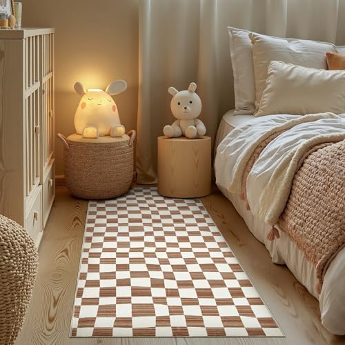 2x5 Runner Rug Modern Checkered Geometric Lattice Hallway Rug Brown (10 Sq Ft)