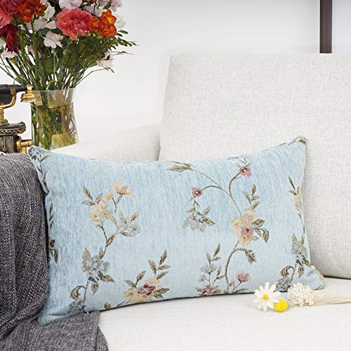 Classical Embroidery Jacquard Farmhouse Oblong Rectangle Chenille Teal Floral Pattern Decorative Throw Pillow Case