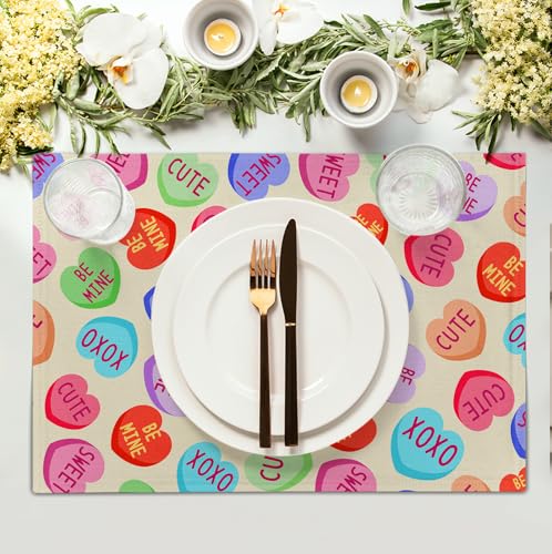 Valentine Pink Love Heart Candy Placemats Set of 4 Valentines Seasonal Table Mats Resistant Washable Dinner Mats for Outdoor Home Party Kitchen Dining 12x18 Inch (4 Count)