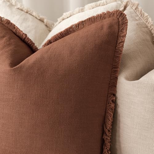Decorative Linen Fringe Throw Pillow Covers 16×16 Rust Orange (2 Count)