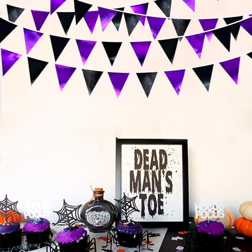 Purple and Black Party Decorations Metallic Fabric Triangle Pennant Banner Flag Bunting Garland for Graduations Birthday Retirement Wedding Baby Shower Bachelorette Halloween Outdoor Party Supplies (36 Count)
