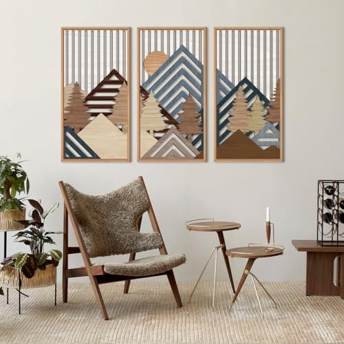 Large Mountain Wood Wall Art 16"x32"x3 Abstract Forest Wall Sculpture Geometric Boho Sunset Wilderness Artwork for Bedroom Living Room Office