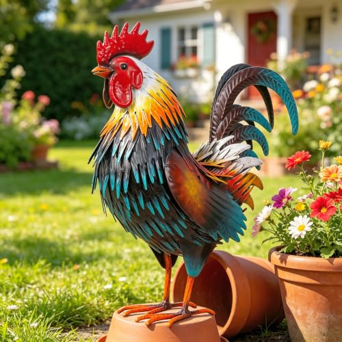 Rooster Garden Statue Sculpture Metal Chicken Yard Decor Outdoor Figurines Patio Backyard Decoration