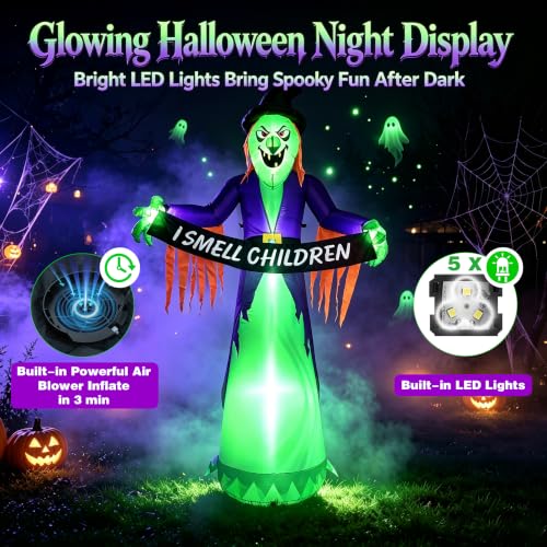 8FT Halloween Inflatable Witch Decorations for Outdoor Yard with LED Lights (Greenish Purple)