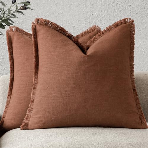 Decorative Linen Fringe Throw Pillow Covers 16×16 Rust Orange (2 Count)