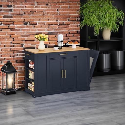 YITAHOME 53 inch Large Rolling Kitchen Island with Trash Can Storage Cabinet, Portable Mobile Islands Table Long Floating Movable w Wheels Cabinet for 13 Gallon Garbage Bin 2 Drawer, Navy Blue