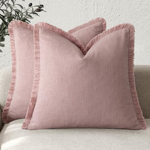 Decorative Linen Fringe Throw Pillow Covers 24×24 Inch (2 Count)