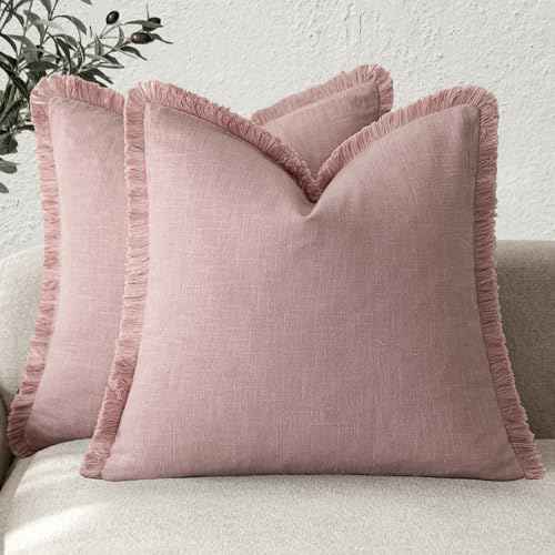 Decorative Linen Fringe Throw Pillow Covers 18×18 Inch (2 Count)