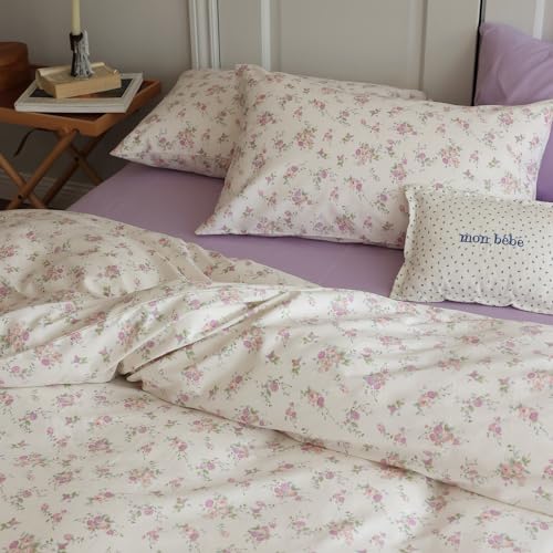 Botanical Floral Comforter Set Twin XL Cute Garden Floral Bedding Comforter with 2 Pillowcases Soft Fluffy Pink Purple Flowers Comforter Vintage Style Botanical Comforter Set for Girls Women (3 Piece Set)