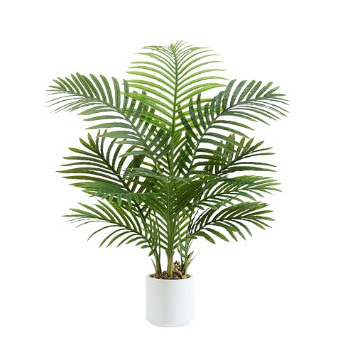 Artificial Palm Tree 3.5FT Tall Fake Tree with White Taper Planter & Pebbles