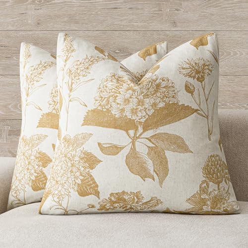 Set of 2 Linen Floral Vintage Throw Pillow Covers Neutral Accent Print Decorative Cozy Cushion Covers Farmhouse Home Decor for Sofa Chair Couch Bed Living Room (2 Count)