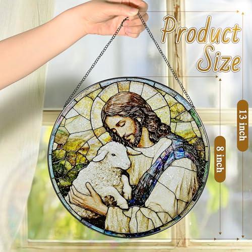 8 Inches Jesus Holding Lamb Painted Stained Glass Suncatcher