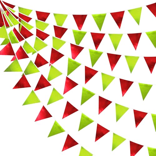 Red and Green Metallic Fabric Triangle Pennant Banner Flag Bunting Garland for Merry Grinchmas Birthday Baby Shower Bachelorette Xmas Holiday Christmas Holiday New Year Party Decorations Supplies (36 Count)
