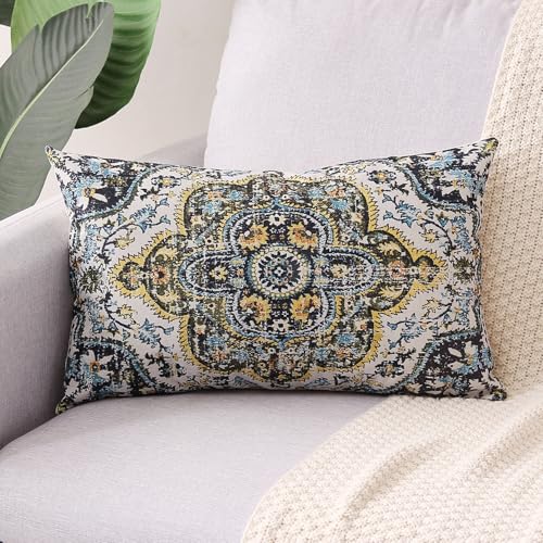 Outdoor Waterproof Pillow Covers 12X20 Set of 2 Bohemian Vintage Carpet Pattern Pillow Covers Green Blue Ethnic Design Decorative Farmhouse Cushion Case for Couch Garden (7.5 Count)
