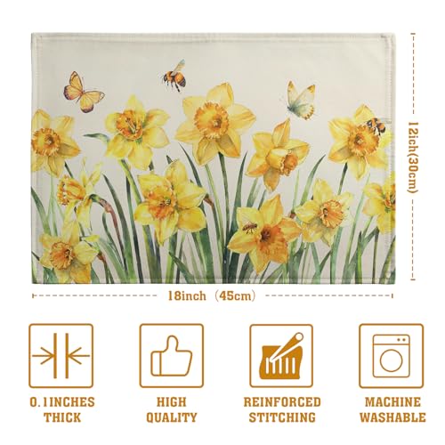Spring Daffodils Placemats Set of 4 Watercolor Yellow Flower Table Mats Summer Farmhouse Floral Heat Resistant Washable Placemat for Party Kitchen Dining Table Decor Indoor Outdoor 12x18 Inch (4 Count)