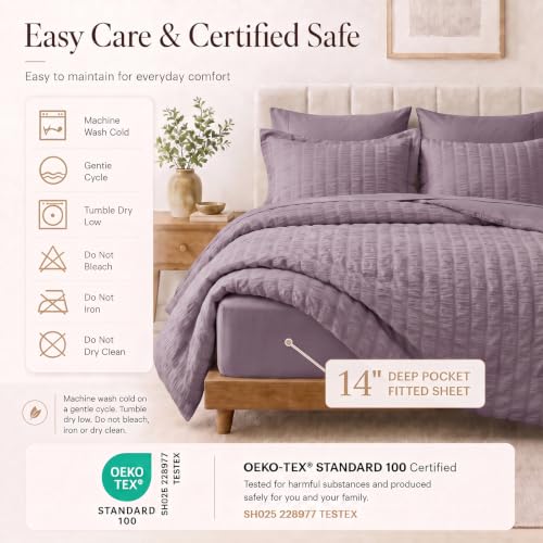 Twin XL Comforter Set 5 Pieces Dusty Purple Seersucker Bed in a Bag