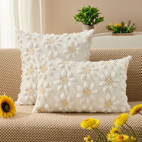 Spring Summer Pillow Covers 12x20 inch Set of 2 White Sunflower (2 Count)