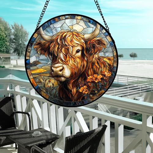 Scottish Highland Cow Stained Glass Window Hanging Suncatcher Gifts 15"