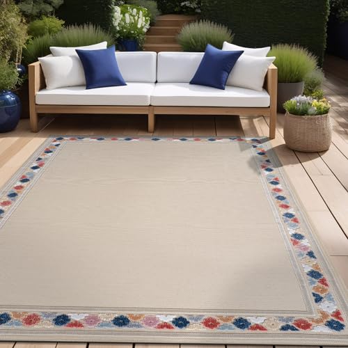 Outdoor Rug 4x6 Modern Bordered Area Rugs for Indoor and Outdoor Patio Easy to Clean Non Shedding Living Room Porch Garden Washable Outside Carpet