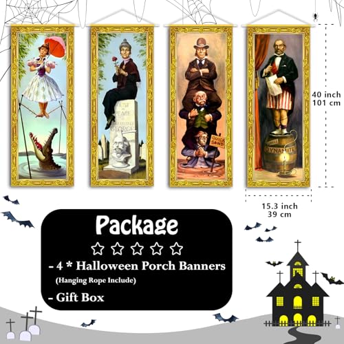 Halloween Decorations Large 4 PCS Haunted Mansion Stretching Portraits Vintage Vinyl Backdrop Decor Outdoor Horror Poster for Indoor Holiday Home Wall Art Wallpaper Hanging Porch Sign Banner Party (4 Count)