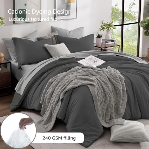 California King Comforter Set 7 Pieces Dark Grey Bed in a Bag