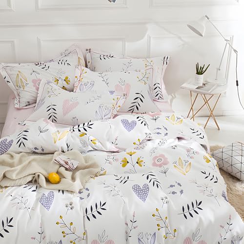 Girls Floral Comforter Set Twin XL Chic Flowers Leaves Pattern Comforter with 2 Pillowcases Fluffy Soft Cute Floral Bedding Set 3 Pieces Cottagecore Bedding Vintage Flowers Botanical Comforter Set