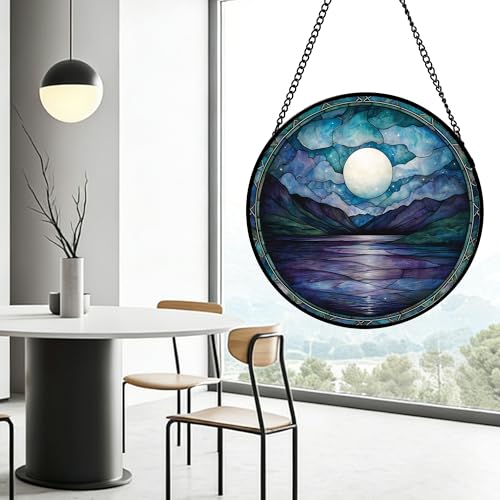 Blue Moon Lake Stained Glass Window Hanging Suncatcher Gift for Women 7.8"