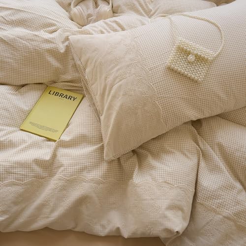 Tan Gingham Comforter Set King Romantic Lace Bedding Beige Plaid Comforter Set Vintage Grid Checkered Pattern Comforter with 2 Pillowcases Farmhouse Taupe Plaid Gingham Bedding Set
