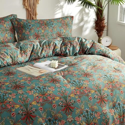 Queen Comforter Set Vintage Floral Boho Comforter for Queen Bed Aesthetic Floral Bedding Comforter with 2 Pillowcases Flower Leaves Boho Bedding Sets Farmhouse Botanical Flower Comforter Set