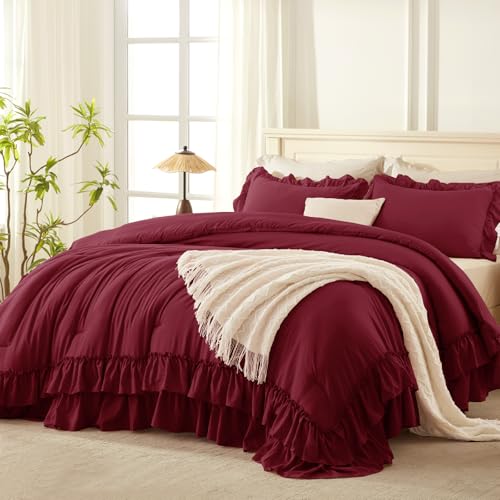 Burgundy Ruffle California King Comforter Set