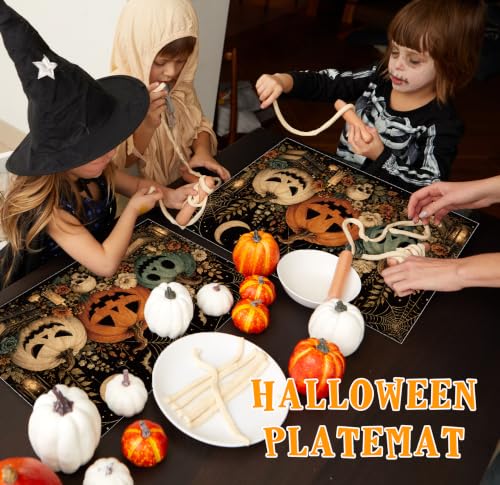 Halloween Placemats Set of 4 Botanical Pumpkin Linen Mats Floral 18x12 (4 Count)